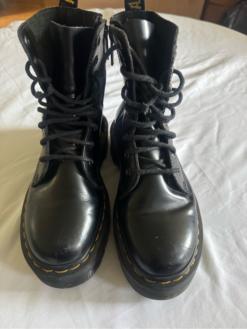 Dr. Martens Black Lace-Up Combat Boots with Yellow Stitching